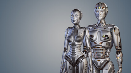 3d render of two futuristic robots man and woman standing near each other. Upper body isolated on color background with copy space for text