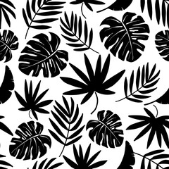 Black and white vector pattern from various leaves of tropical plants. For summer beach decor, textile printing and stationery.