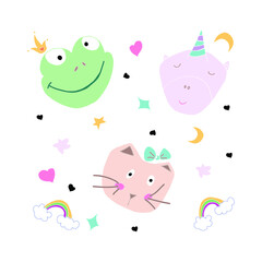 Set of Cute animals - pink unicorn, beige cat and green frog on a white background with stars, moon, hearts and rainbow. Can be used for children's parties, brochures. vector illustration