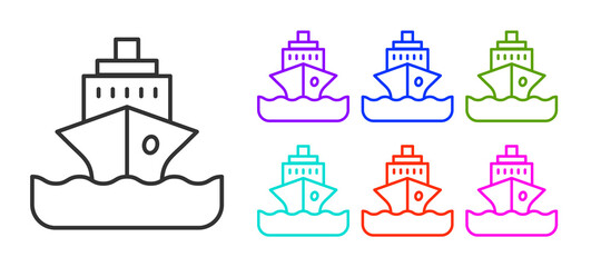 Black line Cruise ship icon isolated on white background. Travel tourism nautical transport. Voyage passenger ship, cruise liner. Worldwide cruise. Set icons colorful. Vector.