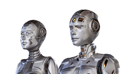 3d render of two futuristic robots man and woman standing near each other. Closeup view isolated on white background