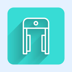 White line Metal detector in airport icon isolated with long shadow. Airport security guard on metal detector check point. Green square button. Vector.