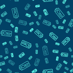 Green line Meteorology thermometer measuring heat and cold icon isolated seamless pattern on blue background. Thermometer equipment showing hot or cold weather. Vector.