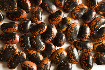 Red and black spotted beans close-up. The pattern of the haricot, background, texture. A healthy diet, a source of protein. Copy space