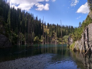 Peaceful Kaindy lake in the Kazakhstan forest