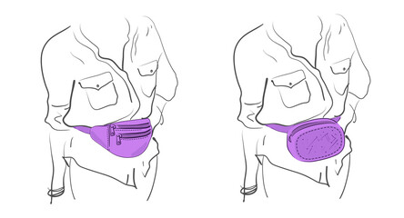 Fanny pack. Hand drawn illustration of waist bags in modern fashion style.