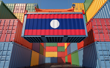 Container Terminal - Freight container with Laos flag. 3D Rendering