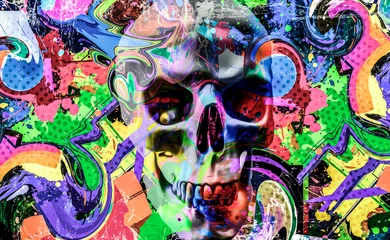 Fototapeten Abstrakter farbiger Totenkopf mit Farbspritzern auf schwarzem Hintergrund © reznik_val