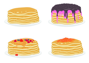 Lots of pancakes with jam, caviar and honey
