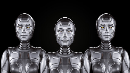 3d render of three detailed robot women or a group of cybernetic girls. Front view of the upper bodies isolated on black background