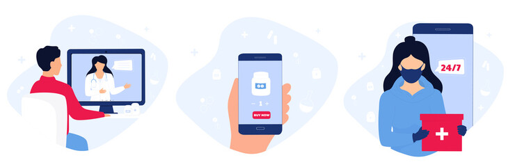 Man consults with doctor online using laptop. Hand is holding smartphone with app to buy medicines. Telemedicine concept. Delivery woman is holding a parcel of medicaments