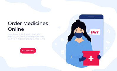 Online pharmacy concept. A courier in a protective mask holds a box of medicines. Delivery medical supplies. Web page template