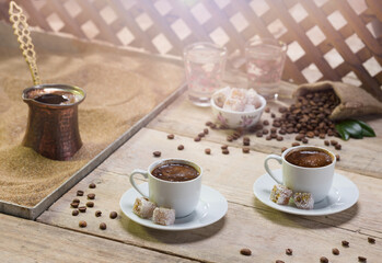 Turkish coffee. Making coffee with the technique of cooking in the sand.