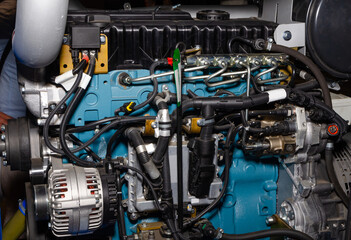 Modern powerful semi  truck turbo diesel engine closeup.
