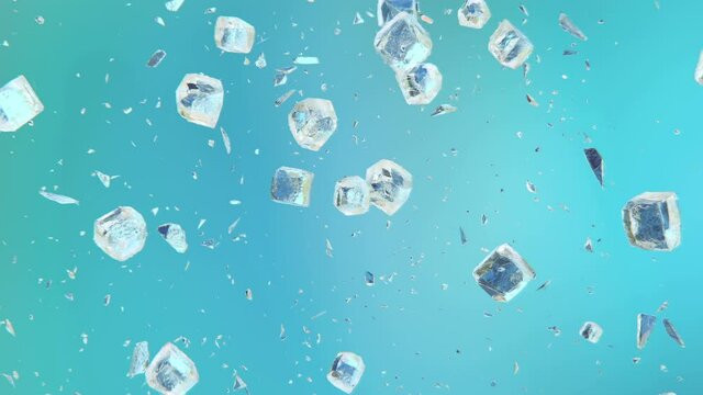 Dynamic jumping frosted ice cubes in 4K Slow motion