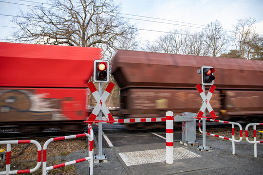 Level crossing with closed barriers in Fuerstenwalde, Germany