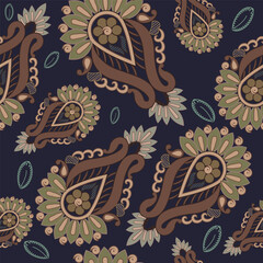 Seamless pattern in ethnic traditional style. Abstract vintage pattern with decorative flowers, leaves and Paisley pattern in Oriental style