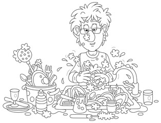 Everyday homework, a funny young man washing dishes, pans, forks and spoons with liquid soap in his kitchen after dinner, black and white outline vector cartoon illustration