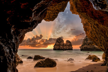 Coastal dream in the Algarve near Lagos. Beach photographed from a cave, Praia do Camilo, Algarve...
