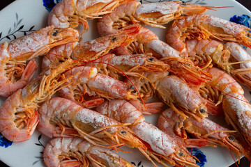 Fresh and delicious seafood, cooked shrimps. Whole cooked tiger prawn.Top view