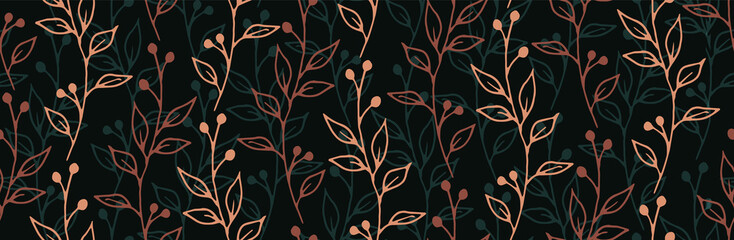 Berry bush sprouts botanical vector seamless background. Beautiful floral fabric print. Garden plants foliage and stems illustration. Berry bush twigs summer seamless background