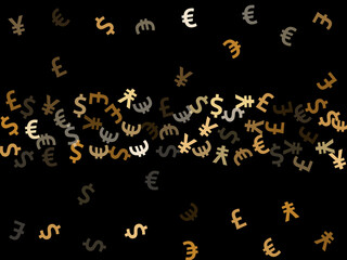 Euro dollar pound yen metallic signs flying money vector background. Commerce pattern. Currency