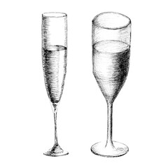 Vector monochrome sketch style illustration of two hand drawn glasses of champagne on white background.