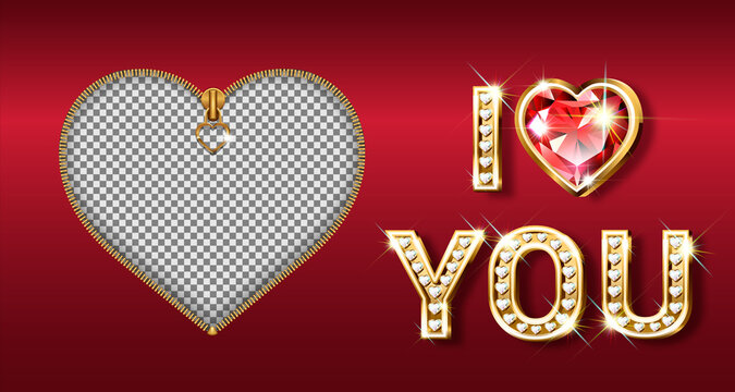 The word I love you. Gold letters in the shape of a heart with sparkling diamonds. Valentine s Day banner. Postcard photo frame with zipper closure. 3D realistic style on a dark background. Vector.