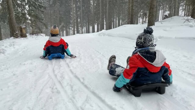 Happy children, going down the slope on a plastic sledge, speeding, happiness, childhood