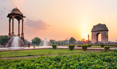 The Canopy and the India Gate at sunset in New Delhi, view from the National War Memorial