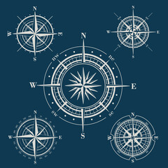Set of isolated marine wind roses silhouettes. Compass vector navigation symbol illustrations. Elements for design.