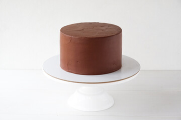 Chocolate cake on a white background.