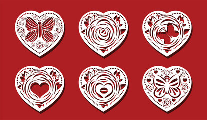 Heart cut on red background for laser cutting. Rose flower, butterfly in heart shape. Air kiss in flower vector illustration.