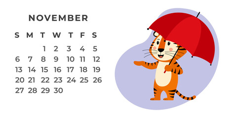 Desktop calendar design template for November 2022, the year of the Tiger according to the Chinese calendar. Vector stock flat illustration.