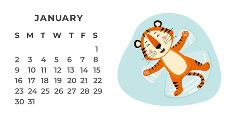 Desktop calendar design template for January 2022, the year of the Tiger according to the Chinese calendar. Vector stock flat illustration.