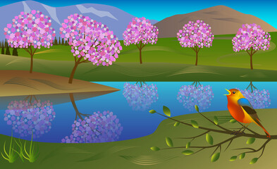 Spring landscape. Bird on a branch. Sakura blossom. Green hills. Lake. The mountains. Vector illustration 