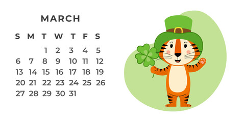 Desktop calendar design template for March 2022, the year of the Tiger according to the Chinese calendar. Vector stock flat illustration.