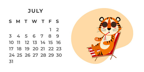 Desktop calendar design template for July 2022, the year of the Tiger according to the Chinese calendar. Vector stock flat illustration.