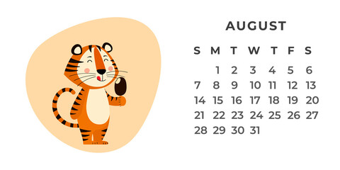Desktop calendar design template for August 2022, the year of the Tiger according to the Chinese calendar. Vector stock flat illustration.