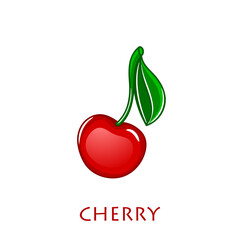 Single cherry with a leaf, isolated vector illustration. Vector illustration cartoon flat icon isolated on white.