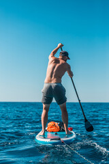 Young athletic man paddling on a SUP stand up paddle board in blue water sea in Montenegro - obrazy, fototapety, plakaty
