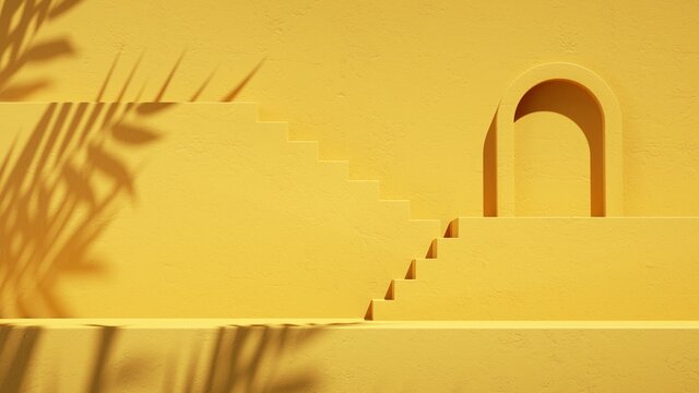 3d render, abstract sunny yellow background with shadows and bright sunlight. Minimal showcase scene with stairs and round arch for product presentation
