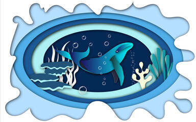 Underwater paper cut blue whale with seaweed coral reef and bubbles. High quality photo