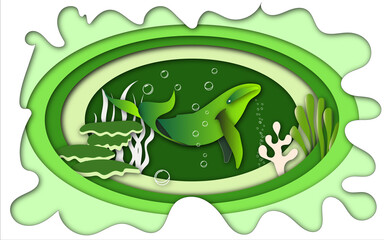 Obraz premium Underwater paper cut blue whale with seaweed coral reef and bubbles. High quality photo