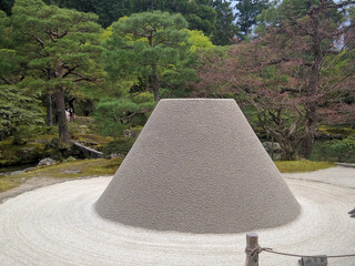 KYOTO, JAPAN - APRIL 5, 2018: Park area at Ginkaku-ji Temple - Silver Pavilion in Kyoto. On the territory of the park, a composition of silvery-gray sand has been created - Moon Hill.