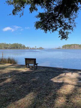 bench with view of the Choctawhatchee bay at Eden Gardens State Park Florida 