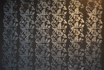 Gradient Gold and Silver Floral and foliage pattern in dark black background.