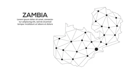 Foto op Aluminium Zambia communication network map. Vector low poly image of a global map with lights in the form of cities. Map in the form of a constellation, mute and stars. © Tetiana
