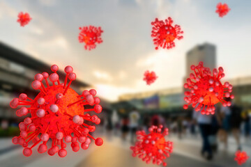 concept red model covid 19 or coronavirus virus case of respiratory epidemic or damage the lungs on blur people and city building background