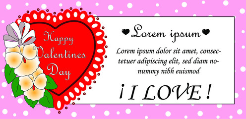 Valentine, white box to write text, on its left side a large red heart decorated with white flowers, text Happy Valentine inside, on a pink background decorated with white dots